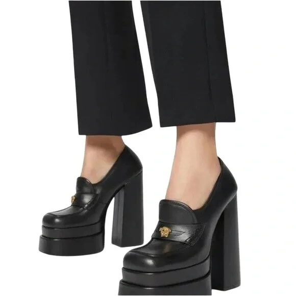 Versace Aevitas Black and Gold Platform Heels - Picture 2 of 9